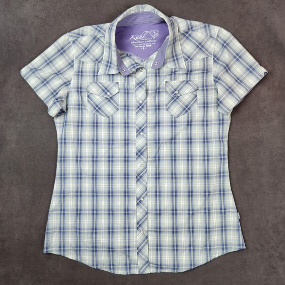 Kuhl Ionik Shirt Womens Large Purple Green Plaid Short Sleeve Western Pearl Snap - Picture 1 of 13